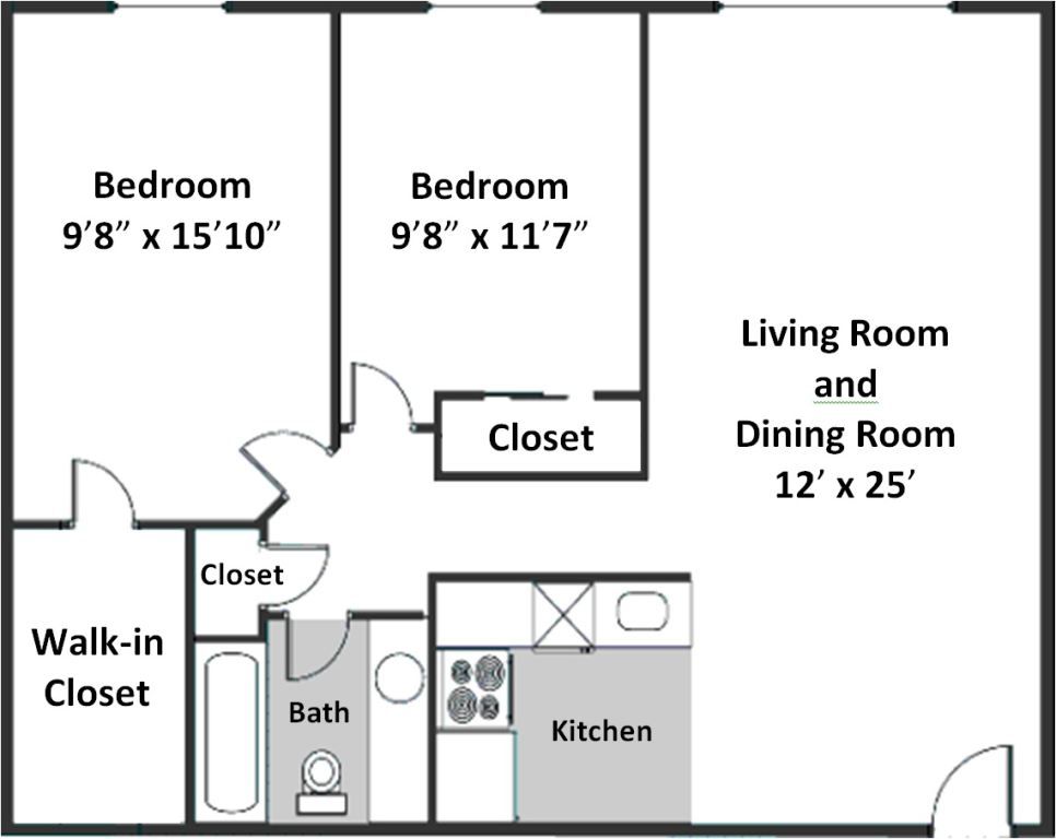A floor plan of a bedroom , living room , and dining room.
