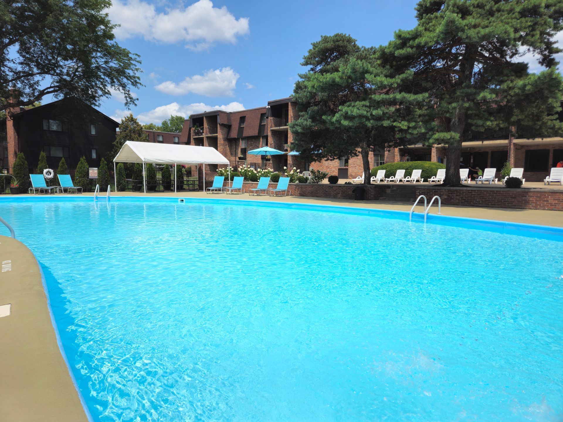 A large swimming pool surrounded by chairs and trees