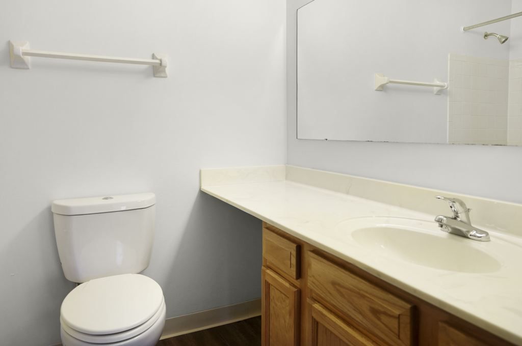 A bathroom with a toilet , sink and mirror