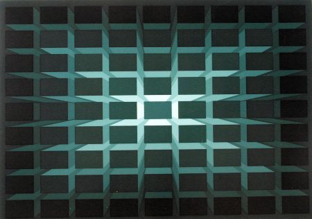Geometric grid in turquoise and dark gray, radiating from a central illuminated square.