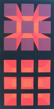 Abstract artwork with rows of color blocks and a central cube shape in perspective.