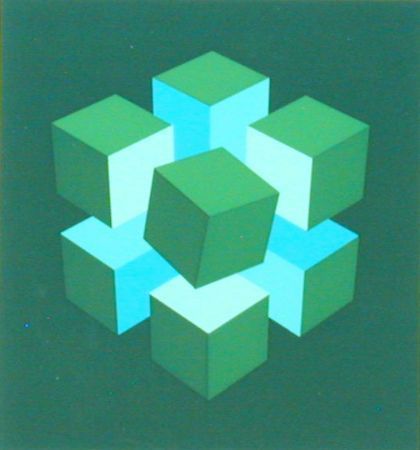 Green and blue shaded cubes arranged in a three-dimensional cluster against a dark green background.