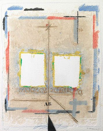 Abstract art with two white squares, lines, and colorful smudges on a textured, light beige background.