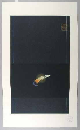 Abstract art with a dark background and a glowing, pointed shape.