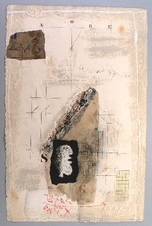 Abstract mixed media artwork: beige background with layered shapes, black lines, and text fragments.