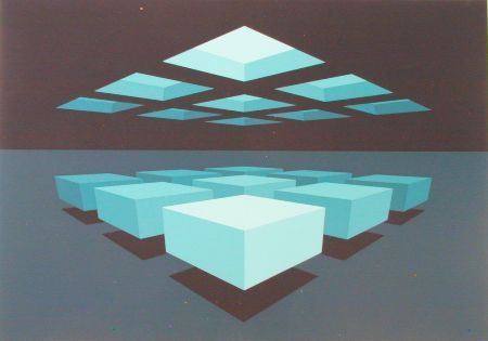 Blue geometric cubes and pyramids in a grid arrangement, set against a dark background.