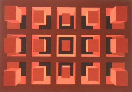 Geometric abstract art with a grid of red-orange and brown block shapes, creating a sense of depth and perspective.