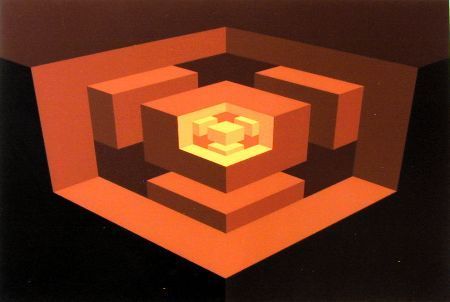 Orange, nested cube structure against a dark background, showcasing perspective and depth.