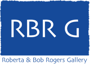 Blue logo for Roberta & Bob Rogers Gallery; white letters RBR G. Below, text reads