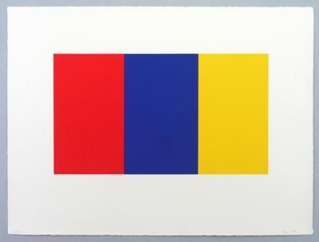 Red, blue, and yellow rectangular vertical stripes on a white background.