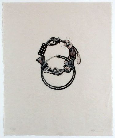 Surreal illustration with a ring encircling a skeleton, fly, and a domino hand.