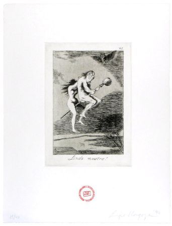 Print of three figures; one in a tall hat and robes, two seated. Text reads