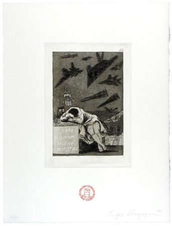 Man rests on a stone block as fighter jets fly above. Text on block. Black and white etching.