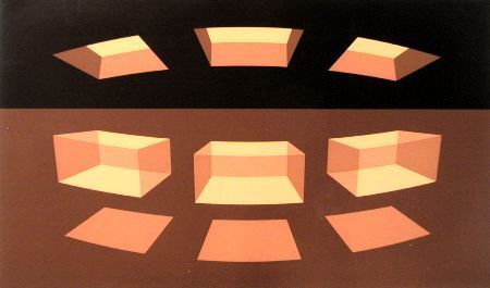 Geometric shapes in light and dark halves. Trapezoid and box shapes cast shadows.