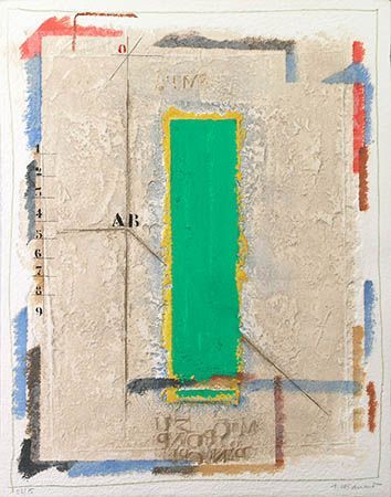 Abstract painting with green rectangle on textured beige, with lines, text, and colored blocks.