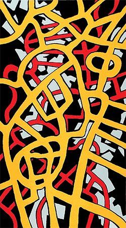 Abstract art with yellow and red lines on a black and light blue background.