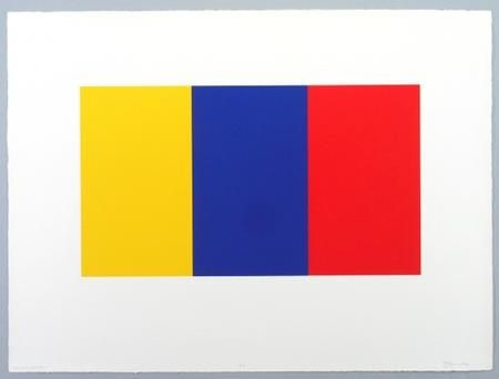 Yellow, blue, and red vertical rectangles side-by-side on white background.