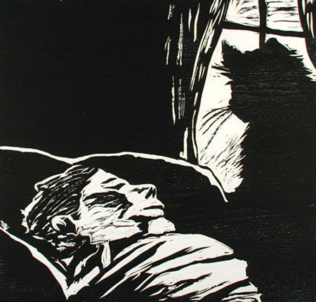 Man in bed, looking up. Large cat shadow in window. Black and white, dramatic lighting.