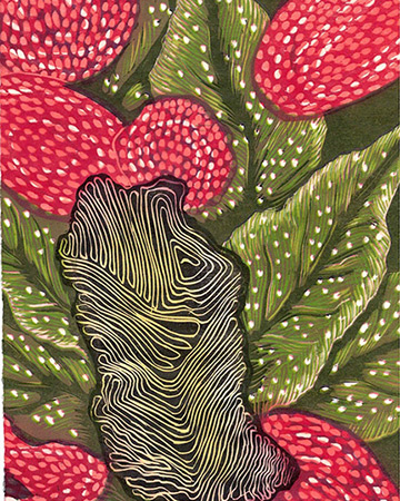 Red dotted shapes and green leaves surround a dark yellow, curved patterned shape against a dark green background.