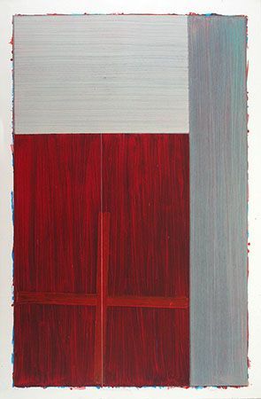 Abstract painting with gray and red blocks, vertical lines.