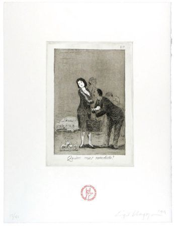 Etching of a woman with a man gesturing toward her; blurry figures in background. French text at the bottom.