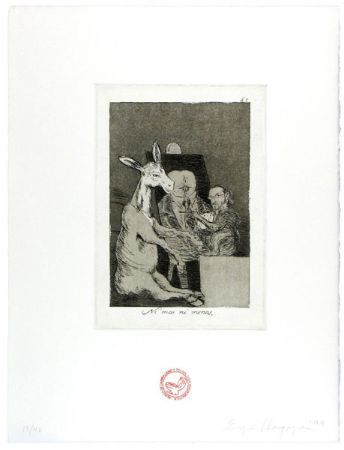 Etching of a donkey playing a piano, surrounded by people. Dark tones with text