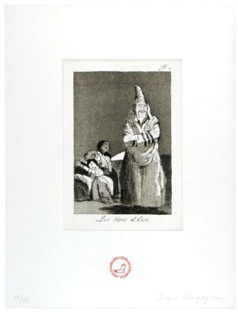 Print: hooded figure, two seated figures,