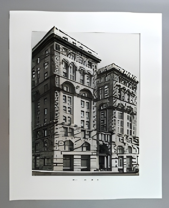 Black and white architectural drawing of a tall building with intricate detailing.