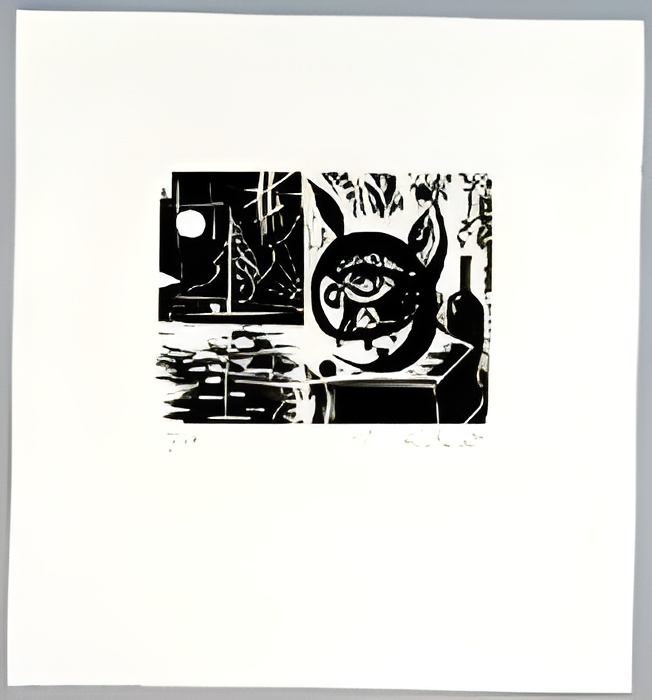 Black and white print: A demonic creature with a large eye sits at a table with a bottle.