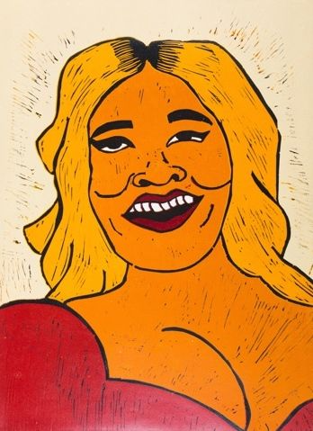 Smiling woman with orange skin, yellow hair, and a red dress. Woodcut style art.