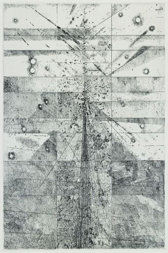 Red dotted shapes and green leaves surround a dark yellow, curved patterned shape against a dark green background.