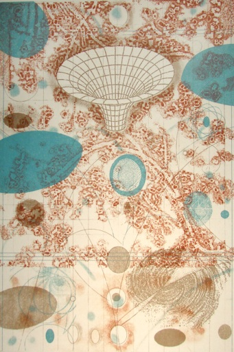 Abstract artwork: funnel shape over swirling brown and blue organic forms.