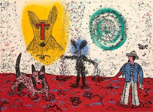 Whimsical art with a dog, a figure, and a person on red ground. Yellow dog face with a cross; green circle; blue-jacketed man.