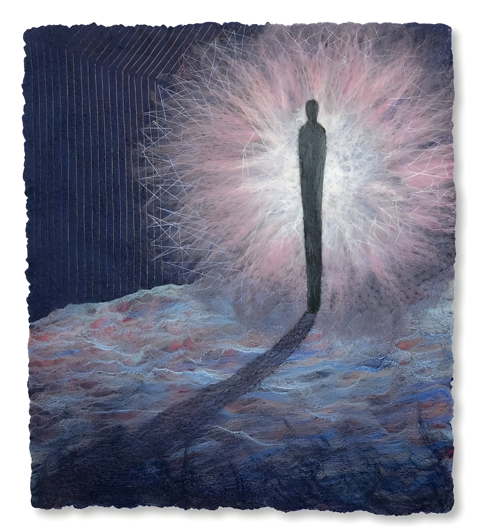 A silhouetted person stands in light. Pink and white beams emanate from their back. Cloudy blue ground.