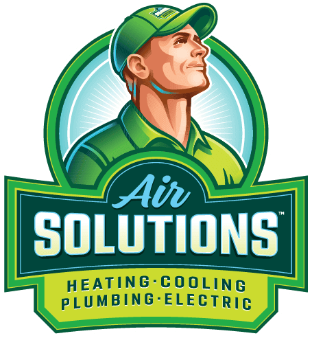 A green logo for air solutions with a man and Heating, Cooling, Plumbing & Electric
