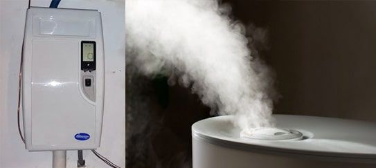A picture of a humidifier and a picture of steam coming out of it.