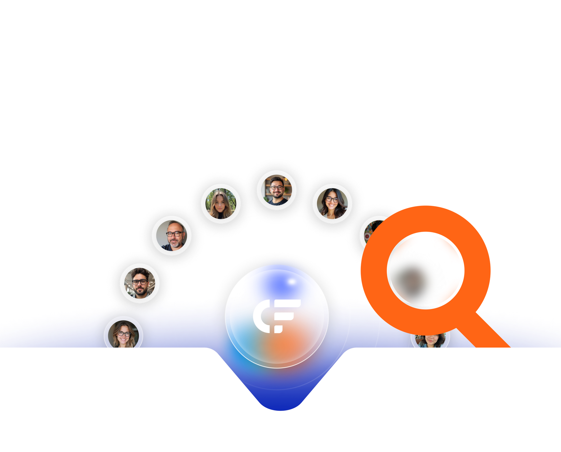 Orange magnifying glass searching for profile pictures in a half-circle arc.