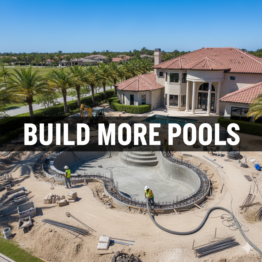Pool construction site in front of large house. Workers, equipment, and text