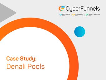 Case study presentation for Trademark Roofing by CyberFunnels. Features orange circle, blue dot, and roof graphic.