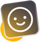 Smiley face icon in a gradient brown square.