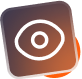 White eye icon inside a brown square, overlaying an orange circle.