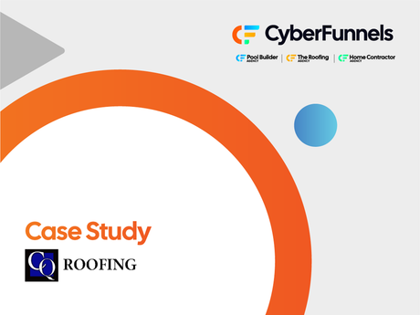 Case study presentation for Trademark Roofing by CyberFunnels. Features orange circle, blue dot, and roof graphic.