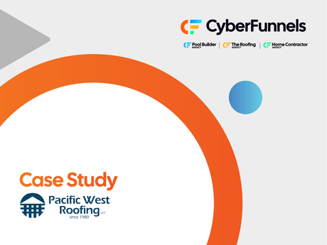 Case study presentation for Trademark Roofing by CyberFunnels. Features orange circle, blue dot, and roof graphic.