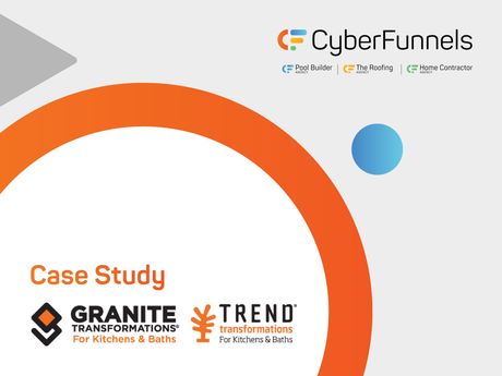 Case study presentation for Trademark Roofing by CyberFunnels. Features orange circle, blue dot, and roof graphic.