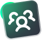 Green and gray icon with white stylized figures representing a group of people.
