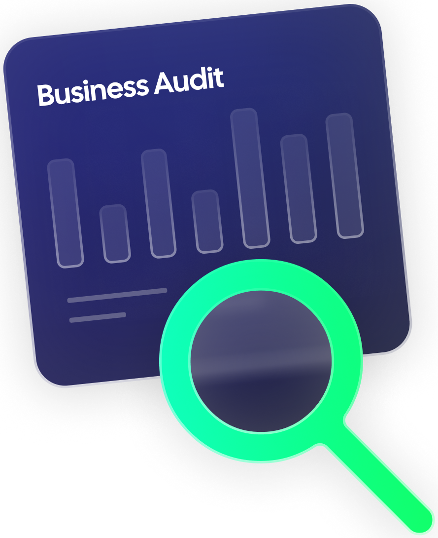 Business audit icon: bar graph and magnifying glass, green and blue colors.