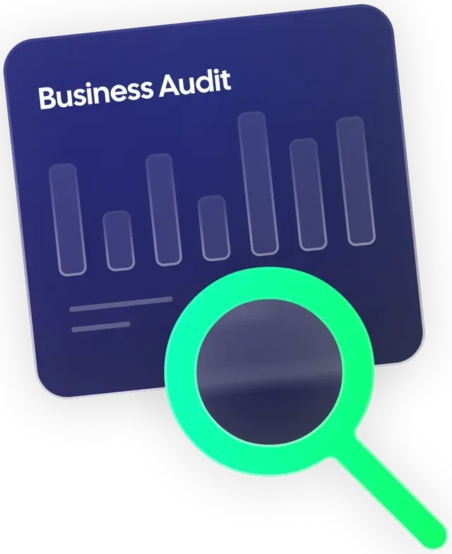 Business audit icon: bar graph and magnifying glass, green and blue colors.