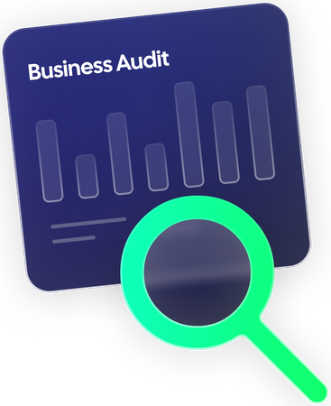 Business audit icon: bar graph and magnifying glass, green and blue colors.
