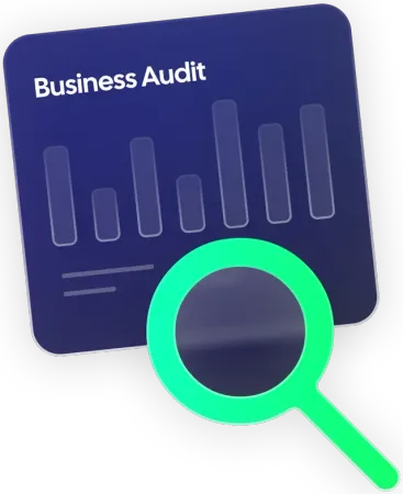 Business audit icon: bar graph and magnifying glass, green and blue colors.