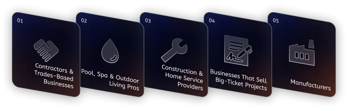 Five dark squares with white icons and text: Construction, space and garden, energy, building, and manufacturing.